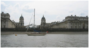 Caressa moored in front of Greenwich Hospital